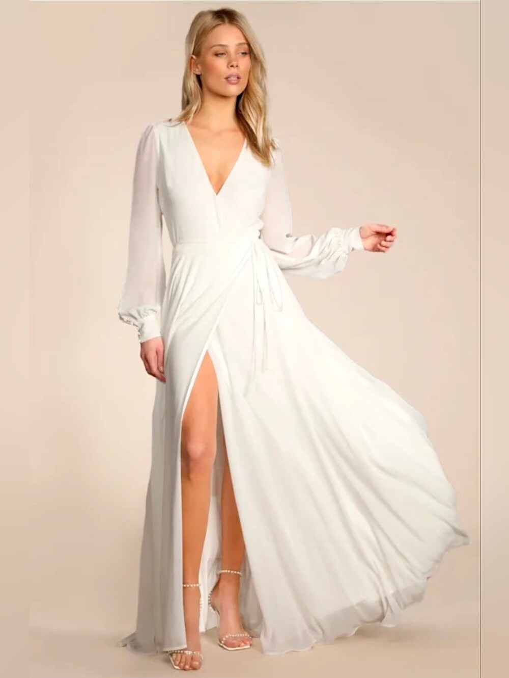 Lulu's Ivory Wrap Maxi Dress with Long Sheer Sleeves